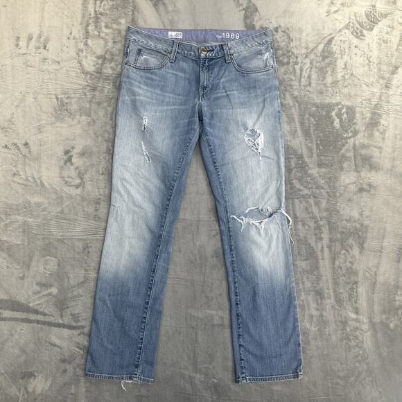 GAP Denim - Gap 1969 Easy Straight Distressed Jeans Women's Size 29 Light Faded Blue‎